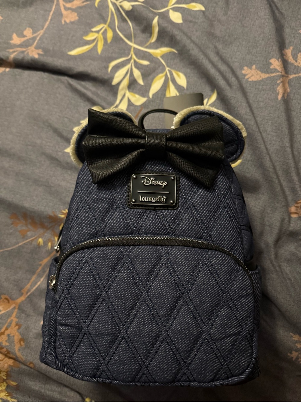 Loungefly Disney Quilted Navy Mini Backpack with Black Bow and Ears